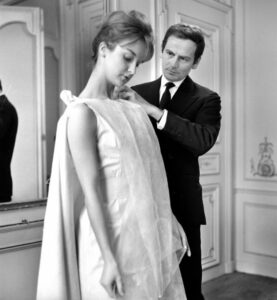 Pierre Cardin creating a dress for Danielle Lebrun in 1962